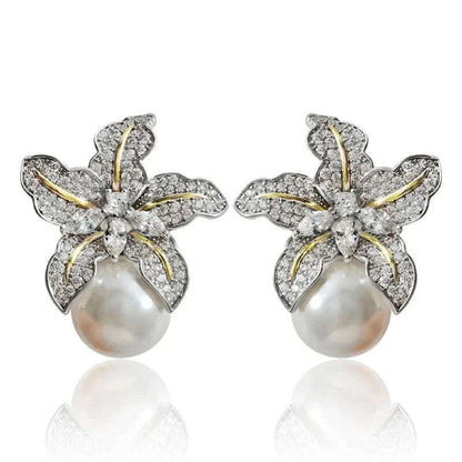 Gorgeous Flower Imitation Pearl Earrings Women Luxury Inlaid Sparkling CZ Stone Fashion Wedding Jewelry Wholesale Lots