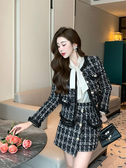 2025 Autumn Winter New Chic Two-Piece Skirt Women's Fashion Loose Burrs Elegant Sweet Tweed Jacket+Skirt Female Two-Piece Suit