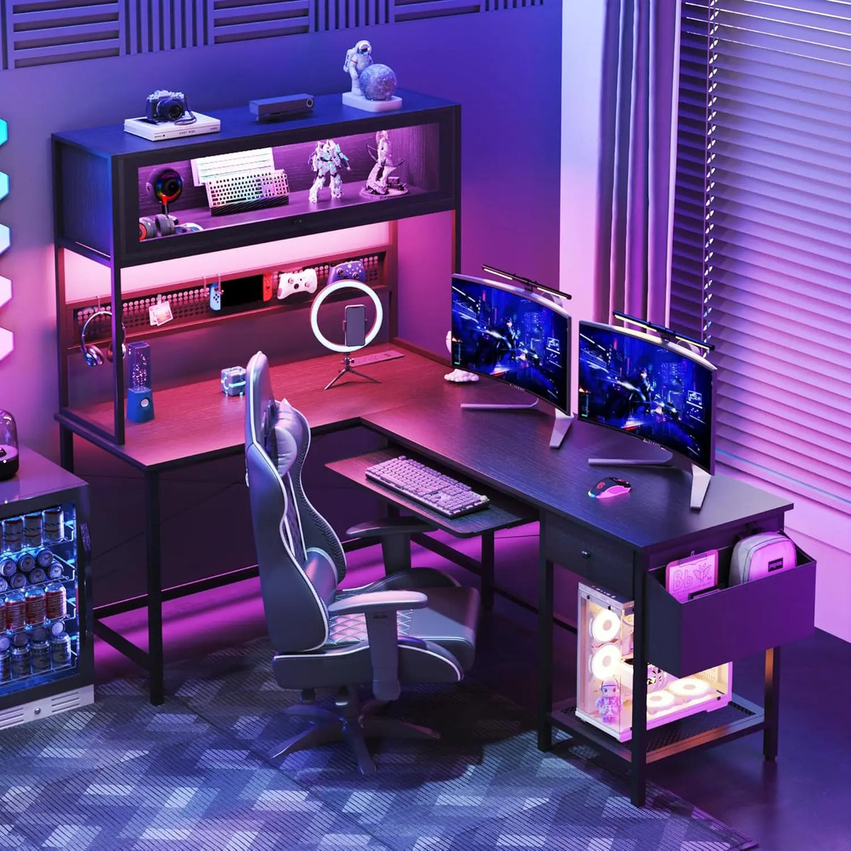 L Shaped Gaming Desk with Power Outlets & LED Lights, 49'' Reversible Computer Desk with Hutch & Pegboard & Display...
