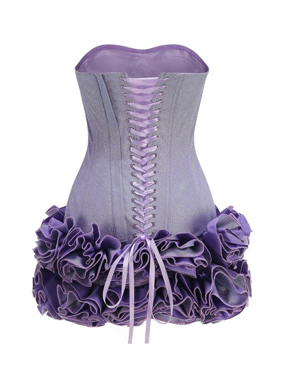 Stereoscopic Flowers Back Laceing Strapless Solid Bandage Mini Evening Dress Sweet Woman Birthday Party Patchwork Lace Up Dress