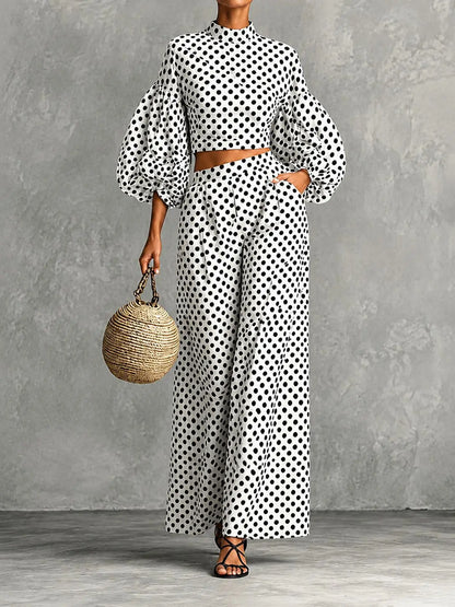 Loose Polka-dot Trousers Suit Autumn Winter Elegant Street Style Lantern Sleeve Long-sleeved Top Wide-leg Trousers Two-piece Set
