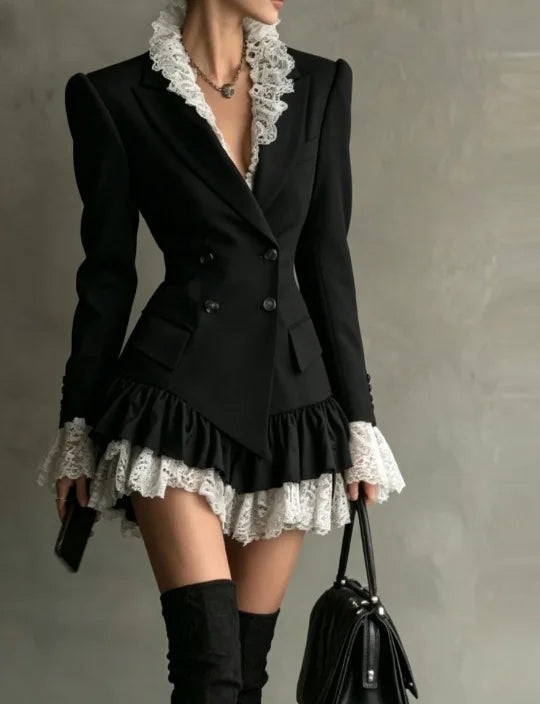 Autumn Lapel Double‑Breasted Lace Ruffle Mini Dresses Women Fashion Long Sleeve Short Dress Elegant Ladies Party...