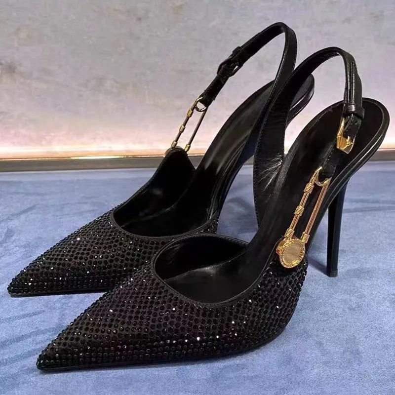 Women Shoes Luxury Rhinestones Sequined Buckle High Heels Elegant Pointed Toe Slingbacks Stiletto Shoes for Women Fashion Shoes