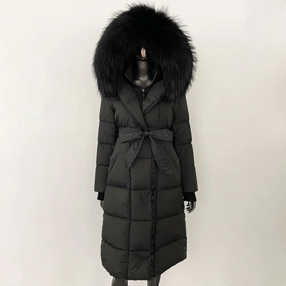 CXFS New Real Raccoon Fox Fur Collar Hooded Natural Long Winter Jacket Women 90 White Duck Down Coat Thick Warm Casual Outerwear