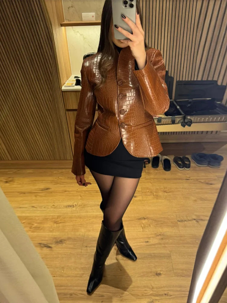 Fashion Crocodile Embossed Faux Leather Women's Jacket Stand Collar Short Slim Long Sleeve Coat Chic 2026 Autumn New...