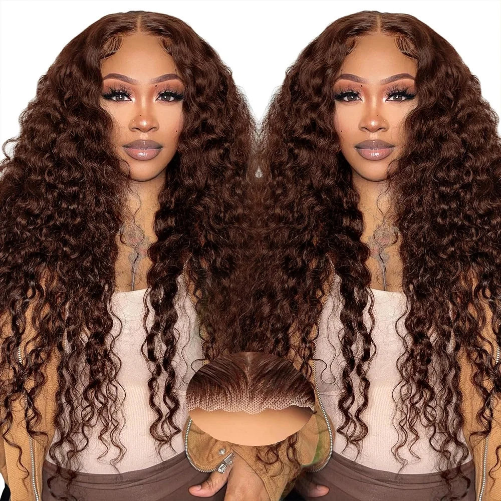 Chocolate Brown Deep Wave Glueless Wigs Human Hair Ready To Wear Pre-Cut Lace Wig 5x5 Wear Go Glueless Human Hair Wigs...