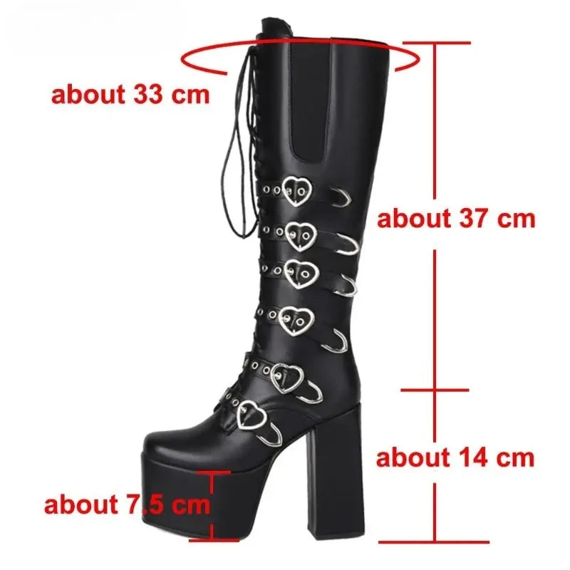 New Punk Goth Women Motorcycle Boots High Heeled Knee High Platform Shoes Heart Buckle Lace Up Luxury Trendy Winter Street Boots