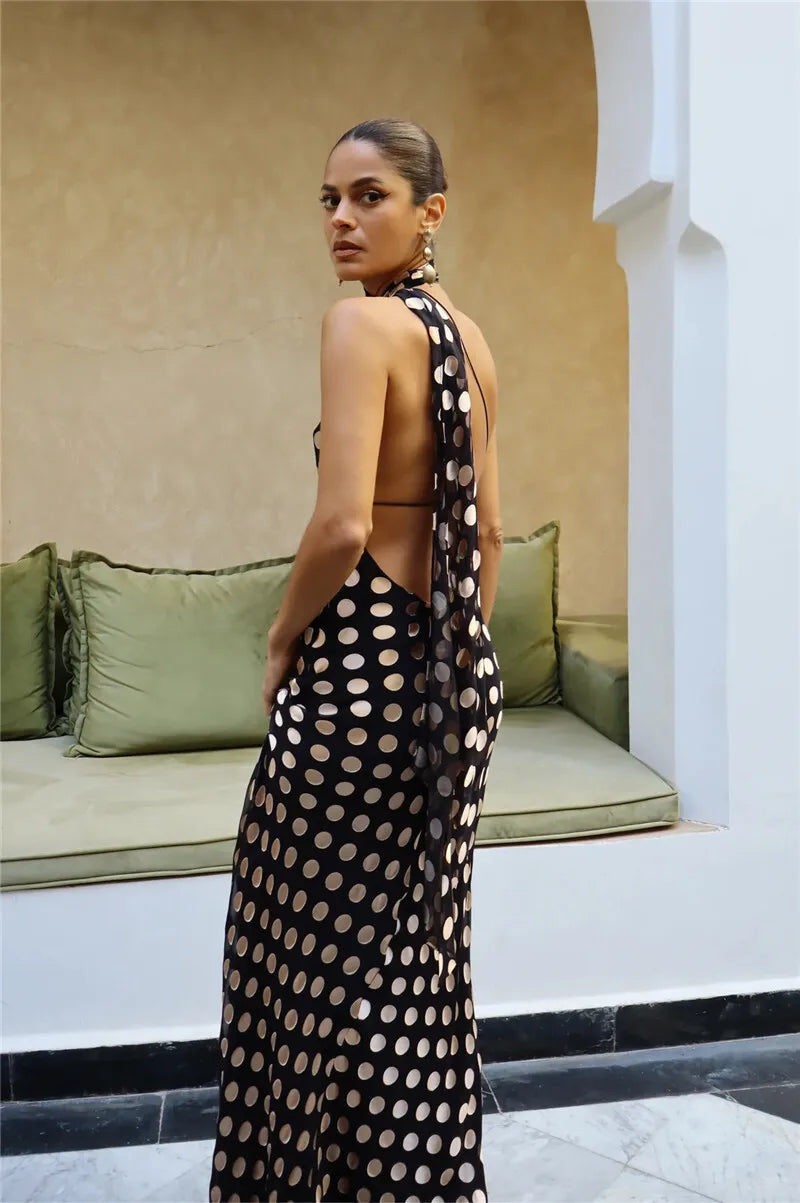 Mozision Round Plaid Printed Maxi Dress For Women Gown Halter Off-shoulder Sleeveless Backless Evening Club Long Dress Elegant