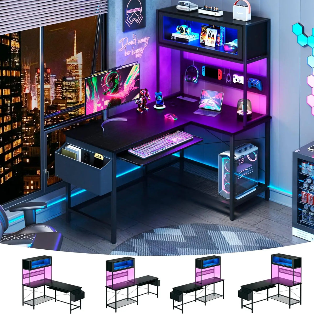 L Shaped Gaming Desk with Power Outlets & LED Lights, 49'' Reversible Computer Desk with Hutch & Pegboard & Display...