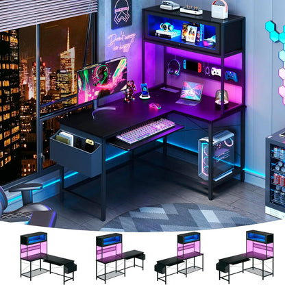 L Shaped Gaming Desk with Power Outlets & LED Lights, 49'' Reversible Computer Desk with Hutch & Pegboard & Display...