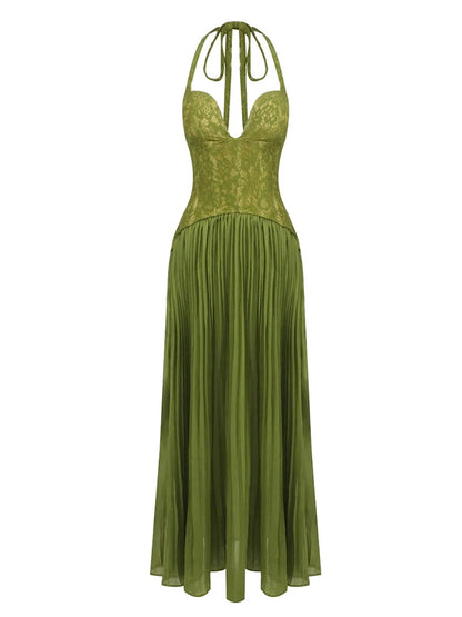 Sexy Halter Neck Lace Corset Pleated Maxi Dress Women Green Sleeveless Backless Lace-up A-line Long Dresses Evening...