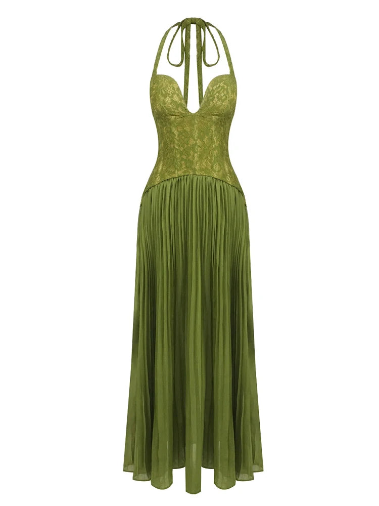 Sexy Halter Neck Lace Corset Pleated Maxi Dress Women Green Sleeveless Backless Lace-up A-line Long Dresses Evening...