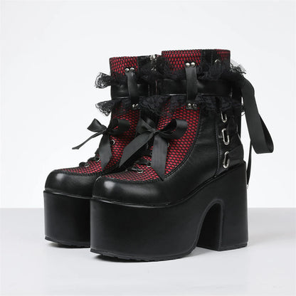 Y2k Gothic Short Boots Women Platform Chunky High Heels Bow Lace Decor Punk Fashion Women'S Ankle Boots Halloween Shoes Autumn W