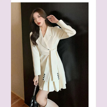 2022 Autumn Office Sashes Bandage Waist Tie Blazer Dress Women Long Sleeve Notched Collar Pleated Irregular Mini Vestidos