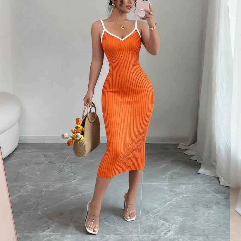 Women's Pink Spaghetti Strap Sleeveless Stretchy Sundress Knit Bodycon Midi Dress Sexy Summer Beach Vacation Party Long...