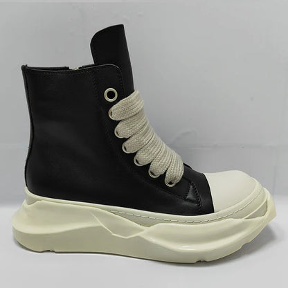 Men High Top Boots Casual Women Platform Heels Sneakers Leather Luxury Thick Lace Up Zip Autumn Black White Shoes