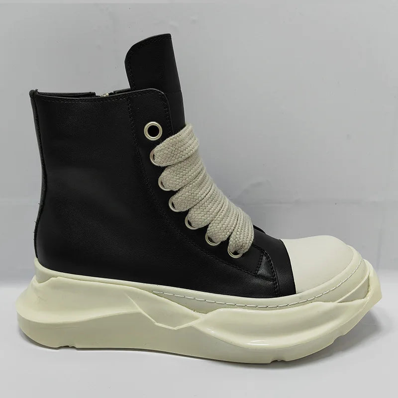 Men High Top Boots Casual Women Platform Heels Sneakers Leather Luxury Thick Lace Up Zip Autumn Black White Shoes