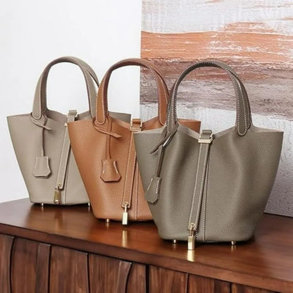 Genuine Leather Bucket Bag for Women: Lock Design Shoulder Handbag Versatile Top-Handle Tote Fashionable Vegetable...