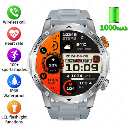 LIGE Military Smart Watch Men 1000mAh Battery Outdoors LED Flashlight Waterproof Heart Rate Sport BT Call 1.7" AMOLED Smartwatch