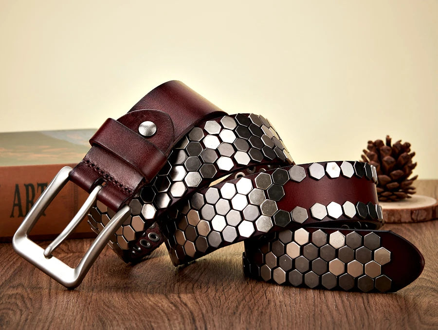 3.8cm Width Men Rivet Studded Belt Punk With Pin Buckle Belts Hip Hop Male High Quality Genuine Leather Belt Rock Strap