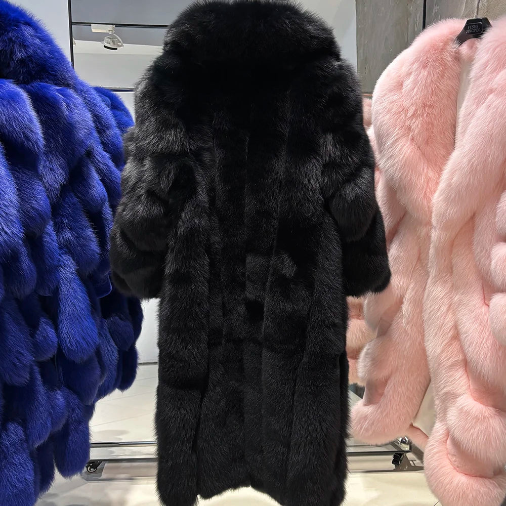 YOLOAgain Luxury Real Fox Fur Jacket Women Long Fur Coat 2025 Winter Warm