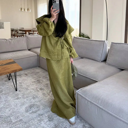 Fashion Draped Hight Waist Suits Elegant V-neck Lace-Up Tops with Long Skirt Set Women Casual Long Sleeve Solid 2 Piece Outfits