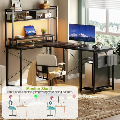 Top Rated Small L Shaped Desk Gaming Desk with Power Outlets, 48" Reversible L Shaped LED Computer Desk with Monitor Stand & Sto