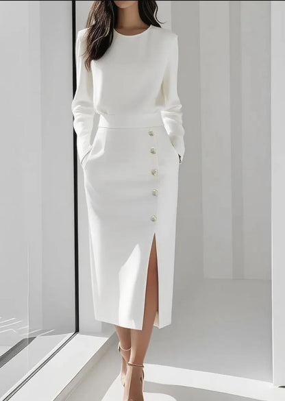 Spring Autumn Fashion O-neck Split Women Dress Elegant Button Solid Evening Dresses New Casual Sleeveless Slim Office Lady Dress