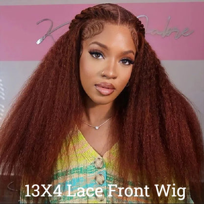 13X4 Reddish Brown Kinky Straight Lace Frontal Wig Human Hair Auburn Copper Yaki Straight 4x4 Transparent Lace Closure...