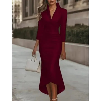 Elegant High-end Commuter Dress 2025 Autumn Simple Grand Solid Color V-neck  Cinched Waist  Long-sleeved Ankle-length Long Dress