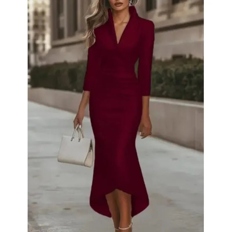 Elegant High-end Commuter Dress 2025 Autumn Simple Grand Solid Color V-neck  Cinched Waist  Long-sleeved Ankle-length Long Dress