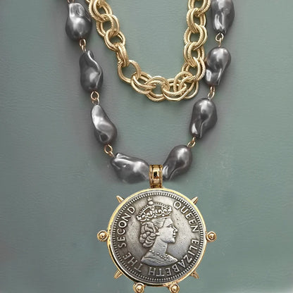 2025 chunky layer Jewelry Luxurious imitation grey pearl exaggerate coin charm pendant Clasps Carabiner Necklace...