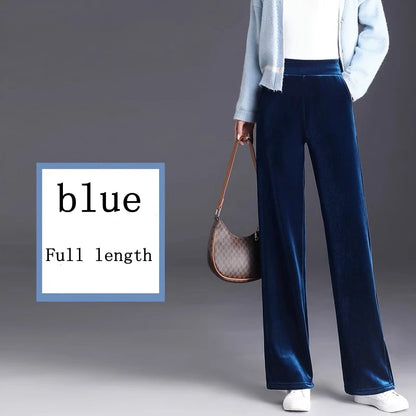 Golden Velvet Wide Legged Pants 2024 Spring and Autumn High Waist Hanging Good Casual Pants Blue Loose Straight Women's Pants6XL