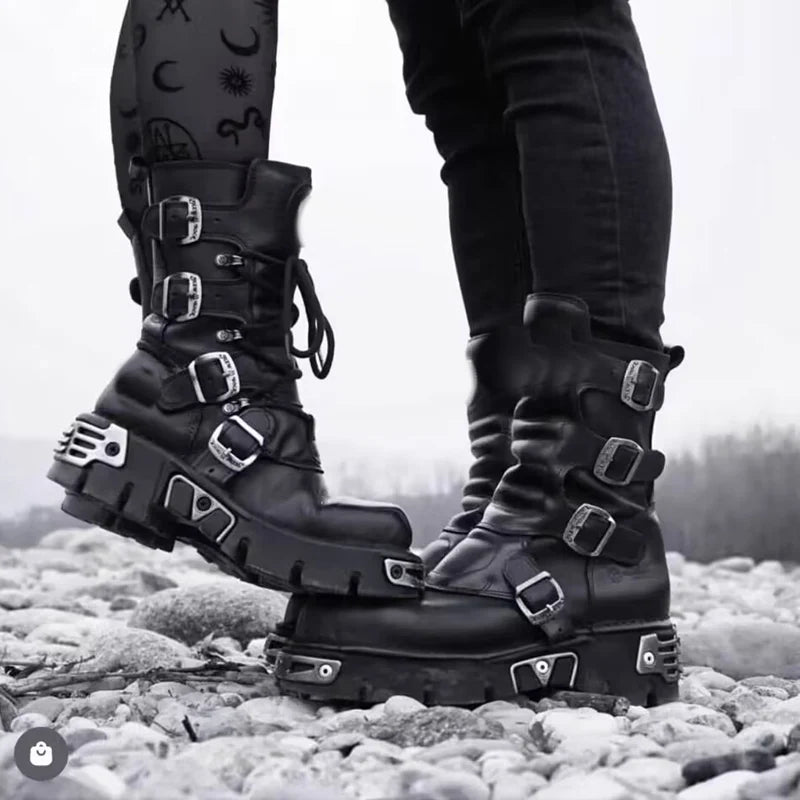 Men's Fashion Genuine Leather Motorcycle Boots Goth Skull Punk Boots New Unisex Mid-calf Cowboy Boots Metallic Combat...