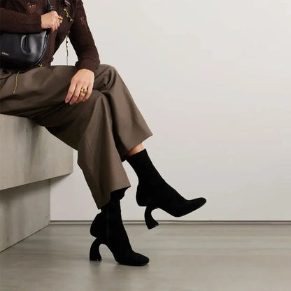 Stylish Metal Strange Heels Women's Ankle Boots Square Toe Zipper Solid Color Lady Pumps Elegant Commuting Madam Short Boots - Kimlud