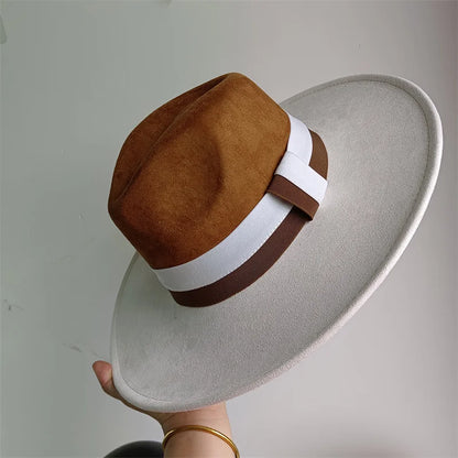 Colorblock Ribbon Colorful Suede Hat Autumn and Winter Women's Felt Hat Wide Brim Hat British Style Retro Men's Gorras Hombre - Kimlud