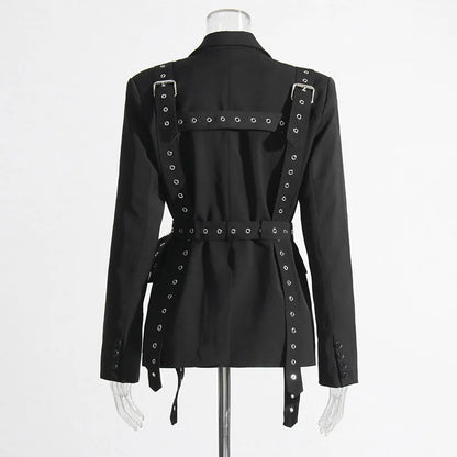 Women's Solid Color Temperament Suit Jacket 2025 Autumn Notched Single Breated Belted Slim Biker Motor Style Casual Blazer