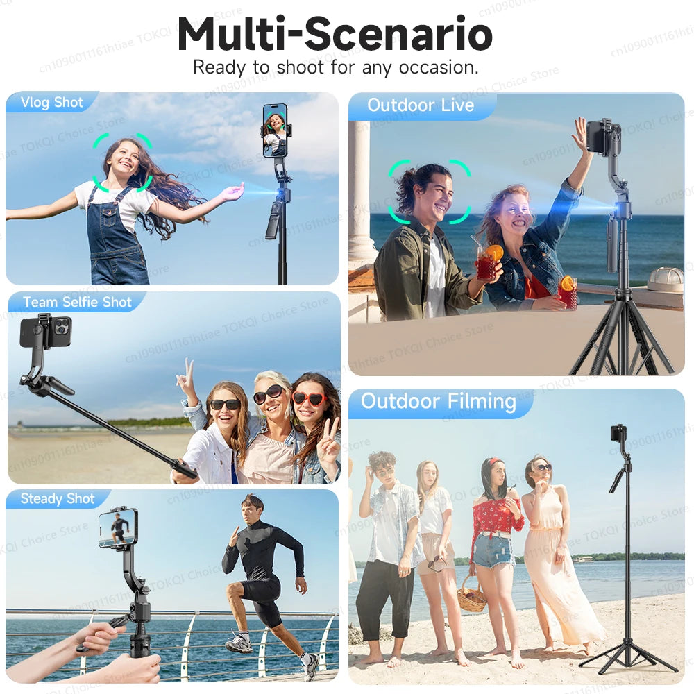 TOKQI C17 AI Tracking Gimbal Cellphone Stand Extension Rod Selfie Stick Tripod 360° Auto Rotate for Smartphones Shooting Vlog
