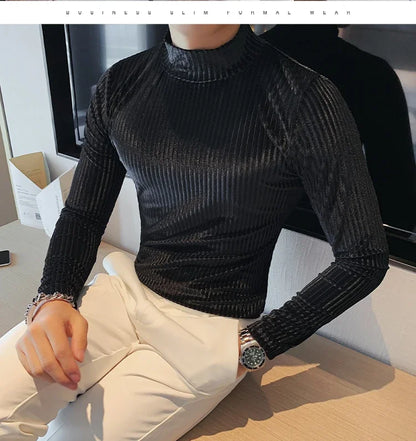 New Gold Velvet T Shirt Men Clothing Fashion Trend Male Luxury Prom Party Long-sleeved Striped Pullover Tops Homme - Kimlud