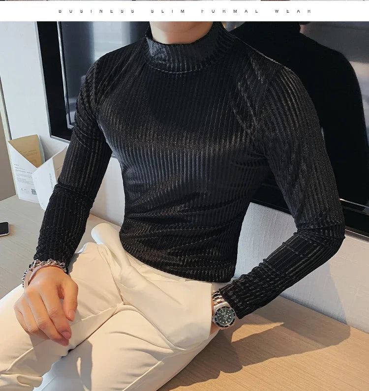 New Gold Velvet T Shirt Men Clothing Fashion Trend Male Luxury Prom Party Long-sleeved Striped Pullover Tops Homme - Kimlud