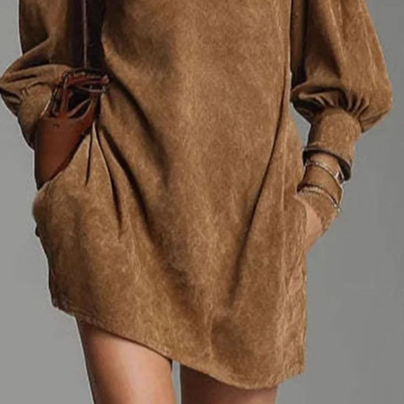 Fall Retro Solid Suede Mini Short Dresses Sexy Zipper Turtleneck Slim Pullover Dress Winter Lantern Sleeve Pockets Woman Clothes