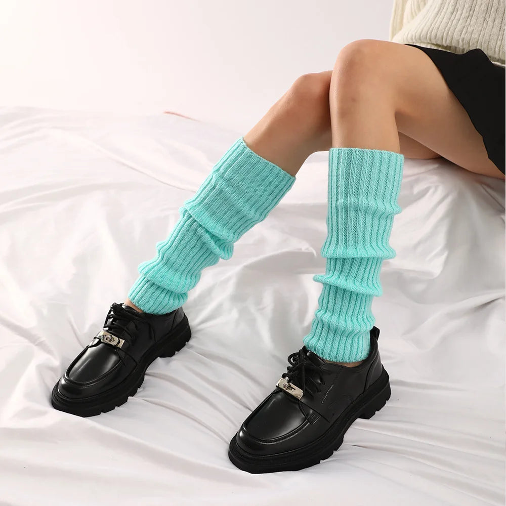 Women Halloween 80s Neon Colored Knit Leg Warmers Ribbed Bright Footless Socks Punk Black Knee High Gothic Hip-hop Rock Sock