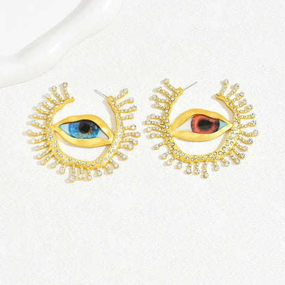Gold Color Big Evil Eye Hoop Earrings For Women Gold Color Exaggerated Crystal Stone Left Right Side Statement Earrings For Girl