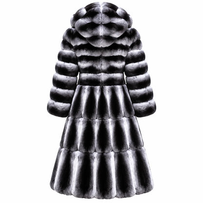 Women's Luxury Long Fur Coat Hooded Black Grey Gradient Winter Warm Thick Plush Jacket Elegant Fashion Outerwear