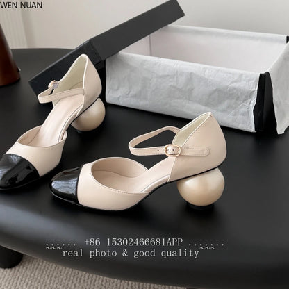 2026 New Genuine Leather Sandals Women Mary Jane Shoes Large Round Pearl Heels Buckle Strap Jane Women's Shoes Leather Side Open - Kimlud
