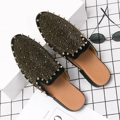 New Gold Hip-hop Rock Punk Rivet Rhinestones Shoes For Men Half Slippers Summer Fashion Casual Mules Moccasins Loafers - Kimlud