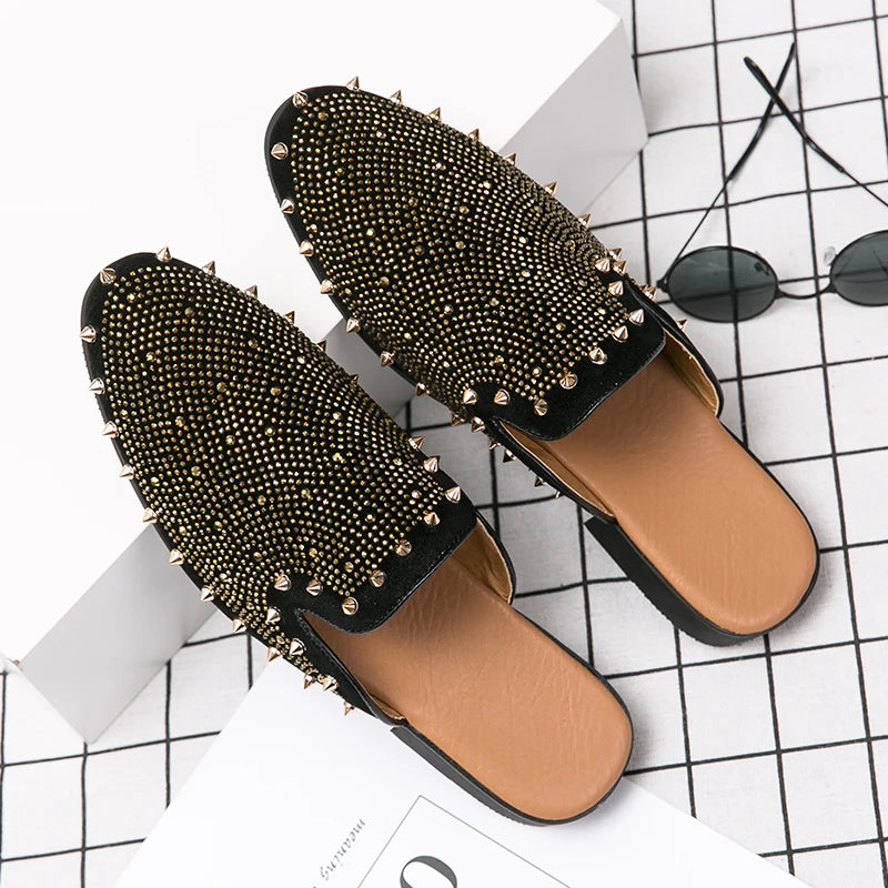 New Gold Hip-hop Rock Punk Rivet Rhinestones Shoes For Men Half Slippers Summer Fashion Casual Mules Moccasins Loafers - Kimlud