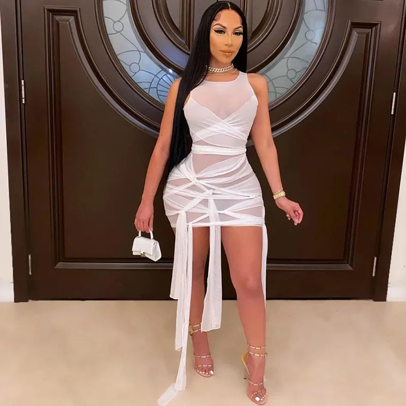 Bangniweigou Ribbon Wrap Up Draped Mesh See Through Bandage Dress Women Mummy Tie Up Bodycon High Waist Short Brown Dresses - Kimlud