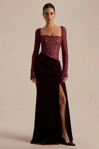 Mozision Lace Velvet Square-Neck Sexy Maxi Dress Women Elegant See Through Long Sleeve Backless Split Club Party Long...