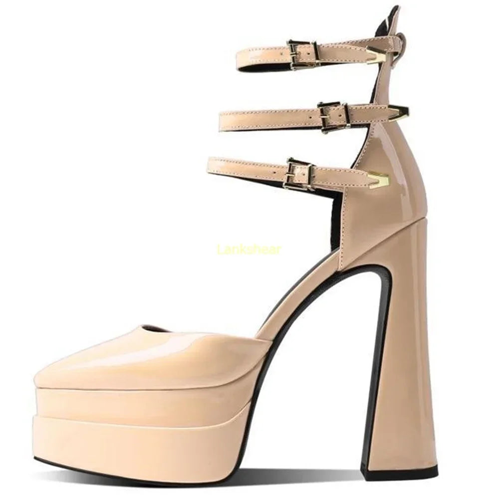 Platform Multi Strap High Heels Patent Leather Sexy Pointed Toe Square Heel Solid New Arrivlas Fashion Women Runway Shoes